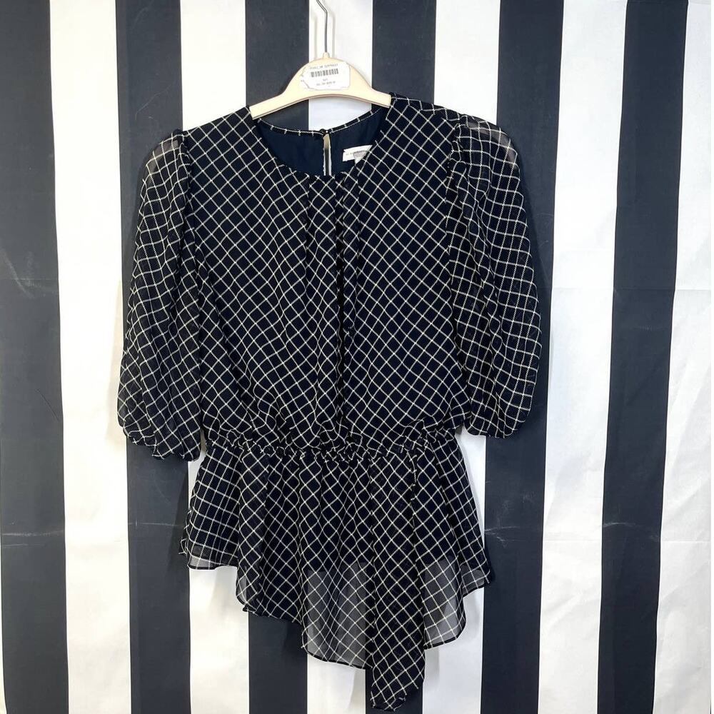 ML MONIQUE LHUILLIER Geometric Puff Sleeve Chiffon Asymmetric Blouse Size M